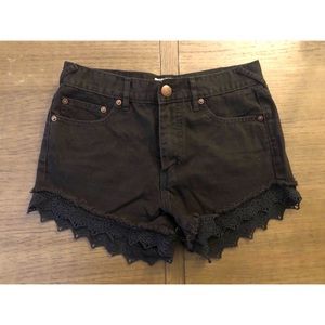 Free People | Crochet Lace Trim Black Denim Shorts